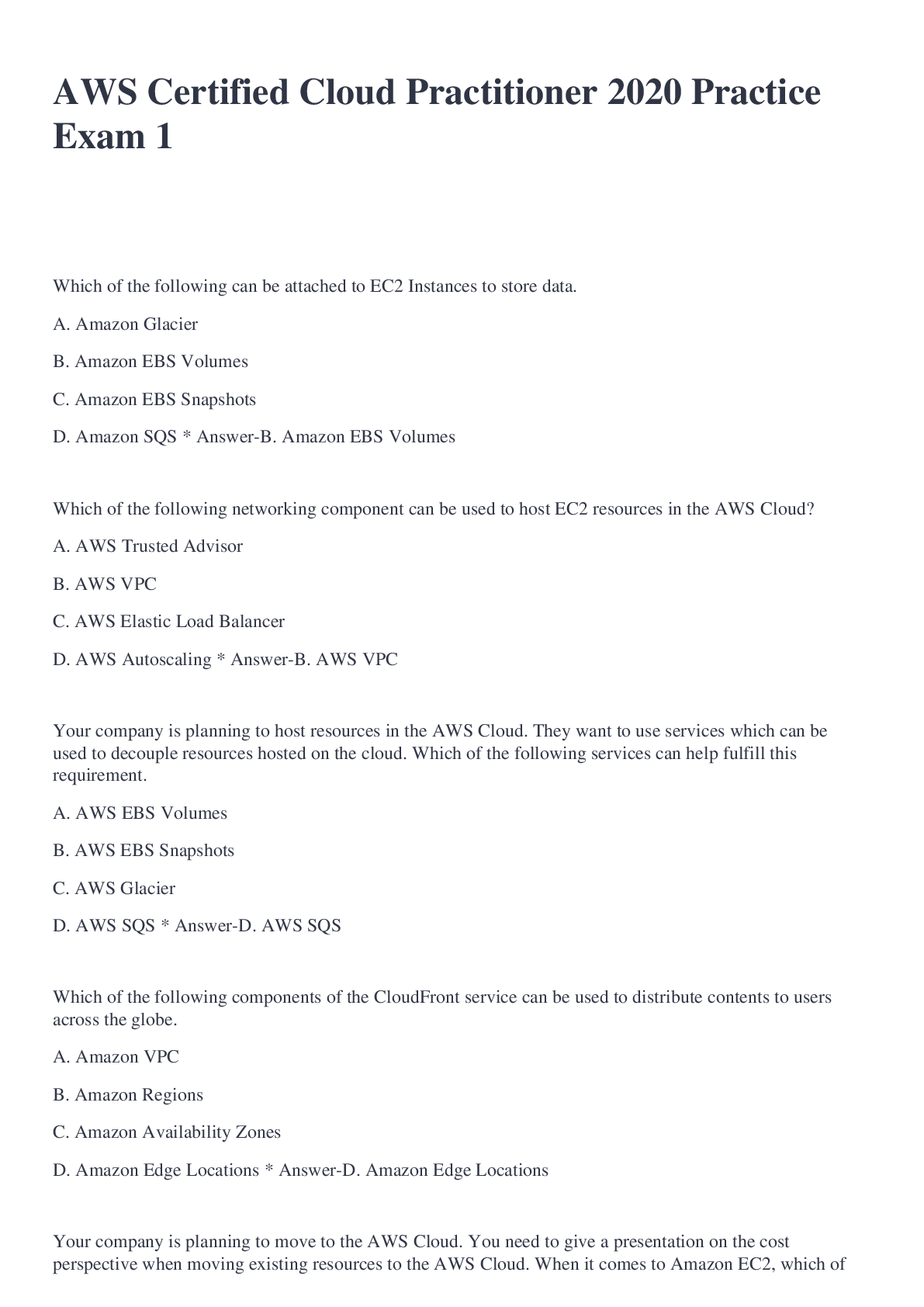 Preview image of AWS Certified Cloud Practitioner 2020 Practice Exam 1 document